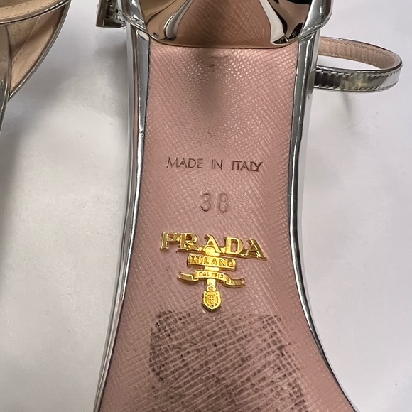 21. PRADA Silver Brushed Metallic Calf-skin Open Toe Heels 38 - Picture 3 of 15